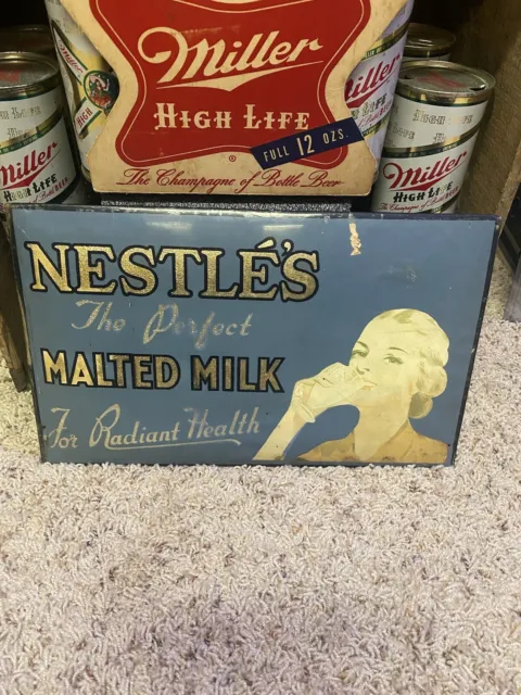 Antique Nestle's Tin Over Cardboard Sign Malted Milk W Lady Nestle Old Early