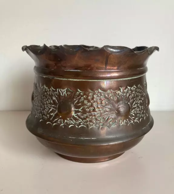 Antique Arts & Crafts Engraved Copper Planter Plant Pot