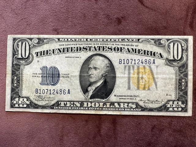 1934A Silver Certificate Ten Dollar Bill, Gold Seal