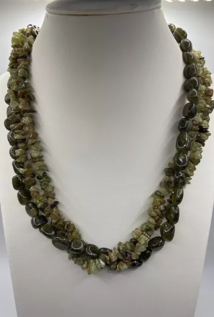 Sterling Silver Labrodite-Garnet? Gemstone Necklace Nuggets Beaded/3 Strands/18”