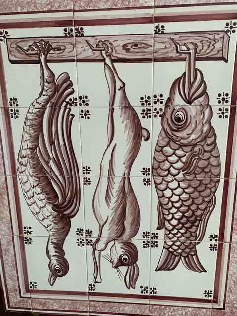 Portuguese Hand Painted Dead Game Hunting Rare Fish Rabbit Tile Mural Panel 2