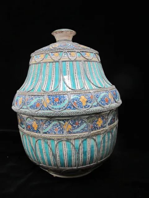 MOROCCAN Hand Painted Large Decorative Silver Overlay Porcelain Lidded URN Bowl