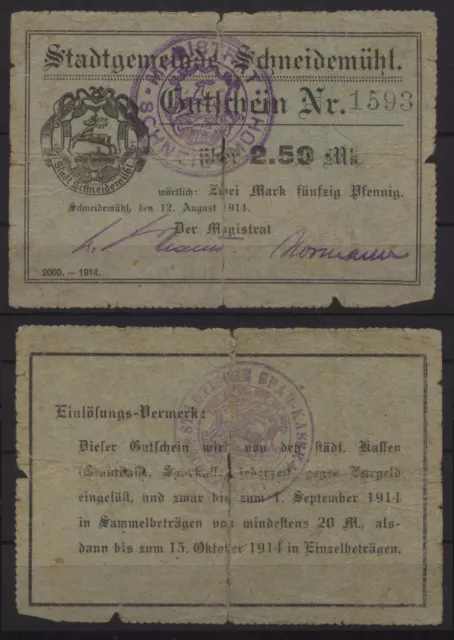 [18757] - NOTGELD SCHNEIDEMÜHL (heute: Piła), Stadt, 2,50 Mark, 12.08.1914. Dieß