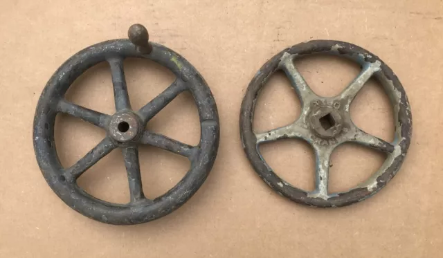 Lot of (2) 8" ANTIQUE Spoked Cast Iron Hand Crank Wheel Valve Factory Steampunk