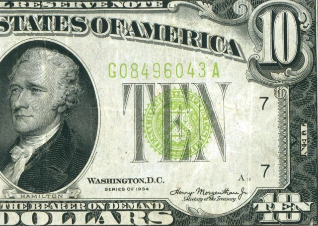 $10 1934 LGS LIME ((LIGHT GREEN SEAL)) Federal Reserve DAILY CURRENCY AUCTIONS