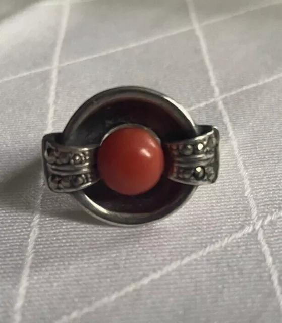 Ring Art Deco Silber Koralle Markasit ausgefallen