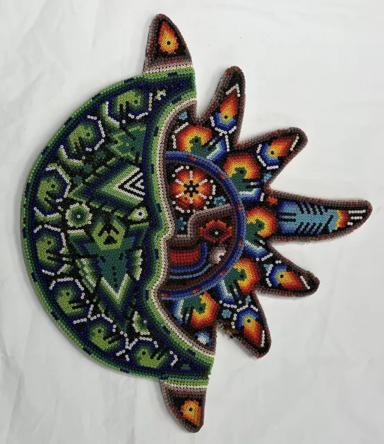 *Huichol Eclipse Sun & Moon Beaded Shaped Plaque #4215 -  11" W  x  9.5" H