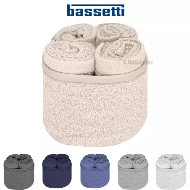 Set 4 Asciugamani lavette 30x30 Bassetti con cestino in spugna trapuntato