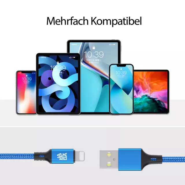 iPhone Kabel Nylon USB A auf iPhone Ladekabel - verschiedene Farben 0,5m - 3m 3