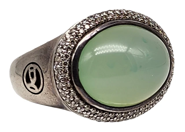 DAVID YURMAN Sterling Silver / Green Chadcelony Stone / Diamonds Ladies Ring