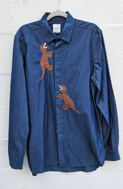 Paul Smith Mens Button Up Shirt 17 Blue Denim Dinosaur Embroidered Rainbow Cuff