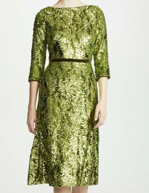 $795 NEW Marchesa Notte Green Solid Sequins Tea Length MIDI Dress Velvet 4 6 8