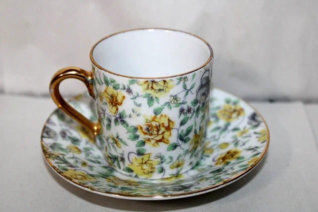 Vintage Inarco Japan Demitasse Porcelain Cup and Saucer Yellow Roses Flowers