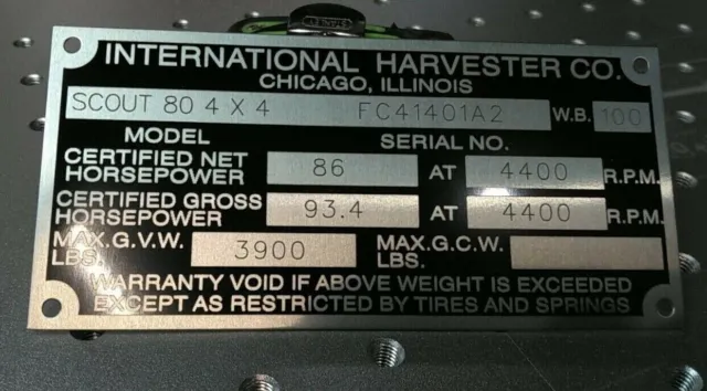 Fits International Harvester Scout Travelall Truck Data Plate Engraved