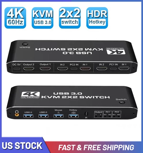 2X2 HDMI KVM Switch Dual Monitor 4K@60Hz 2 In 2 Out USB 3.0 KVM ...