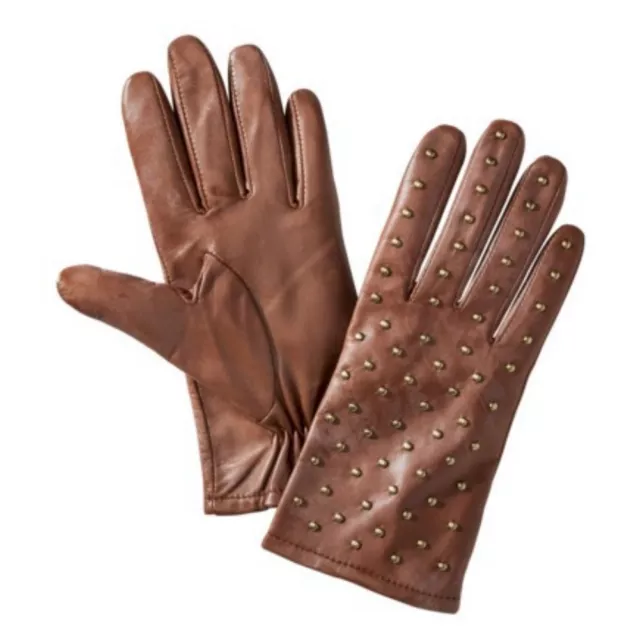 Womens Brown Leather Gloves with Metal Stud Fronts