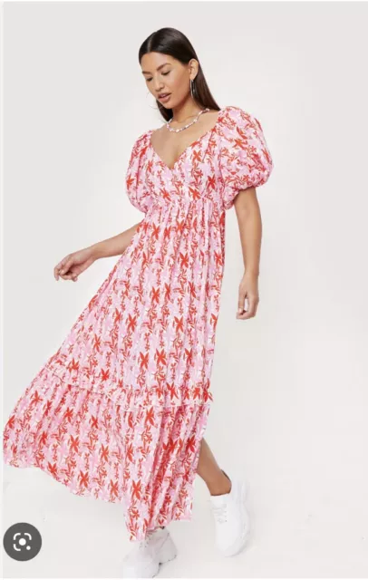 Nasty Gal Puff Sleeve Belted Maxi Tea Dress Pink Retro Floral UK 6 RRP £50 BNWT