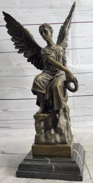 Stunning French Bronze Winged Angel  Halo Wreath Sculpture Statue Decor Victory