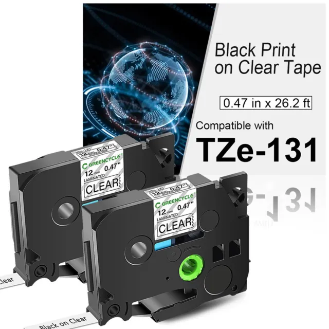 2PK TZ-131 TZe-131 Black on Clear Tape for Brother P-touch PT-H100 Label 12mm×8m