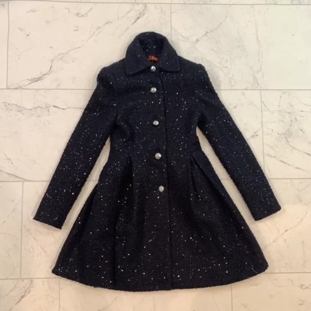 Alice & Olivia Coat XS Sequin Embellished Mohair-Blend Coat / Midnight Navy