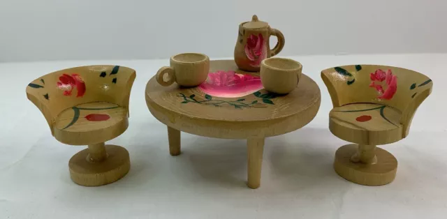 Natural Wood Painted Dollhouse Doll Furniture Vtg Mini Miniature Dining Room Set