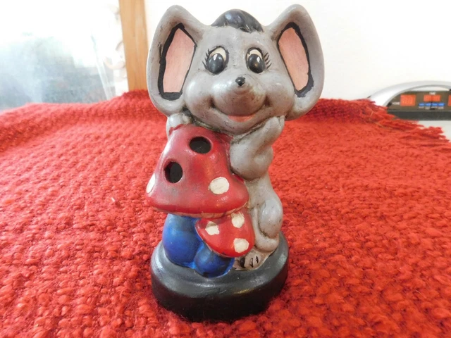 Hand crafted pottery grey mouse with red mushroom figurine collectible