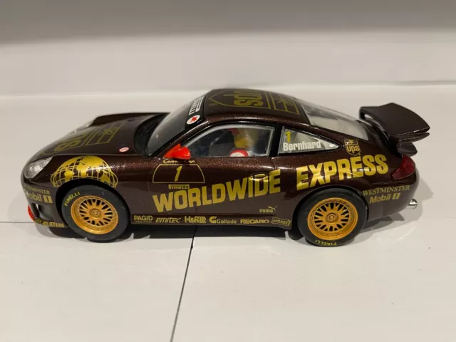 Scalextric C2354 1/32 Porsche 911 GT3R UPS Slot Car. 'Bernhard'. Brown. No. 1