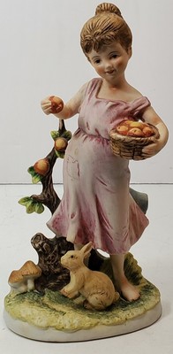 Lefton China Vintage Figurine Girl In Pink Dress Picking Apples