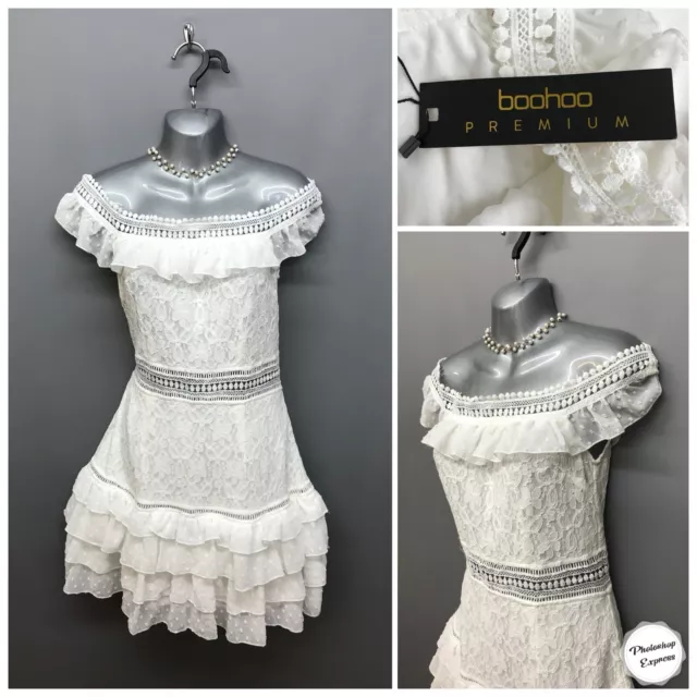 NEW Boohoo Premium White Mini Off Shoulder Broderie Lace Dress UK 10 EUR 38 US 6