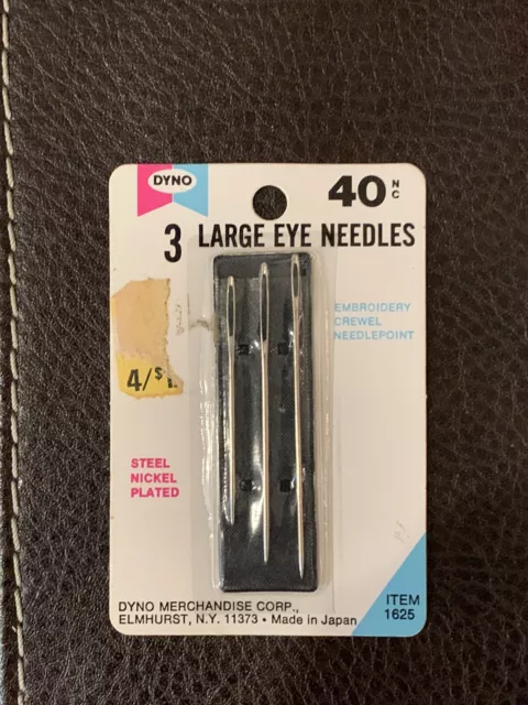 Vintage Dyno Pack of 3 Large Eye Needles, Steel Nickel Plated