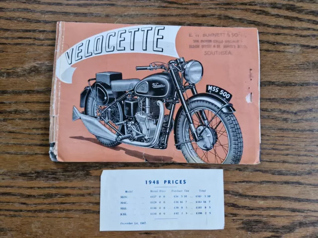 Original 1947 Velocette Range Sales Brochure MOV / MAC / MSS / KSS & Price List