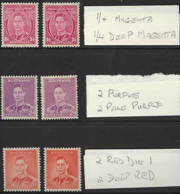 1937-1944 Australian MNH King George VI Colour Varieties 2d-1'4 Portrait Stamps