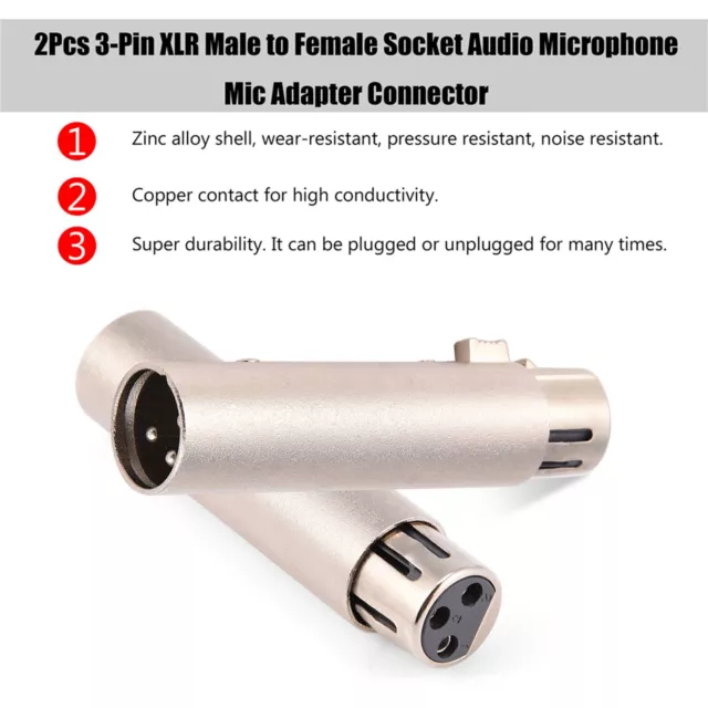 2Pcs 3-Pin XLR Male to Female Socket Audio Microphone Mic Extension Adapter