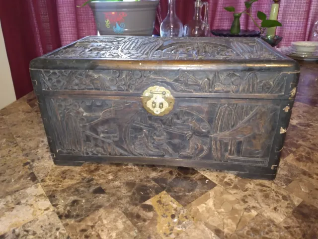Vintage Chinese Oriental Camphor Hand Carved Wooden Trunk/ Large Box