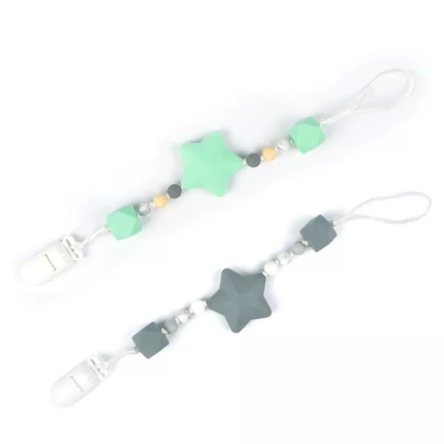 Nummy Beads Mint & Black/Gray Stars Silicone Teething Pacifier Clip Leash 2pk