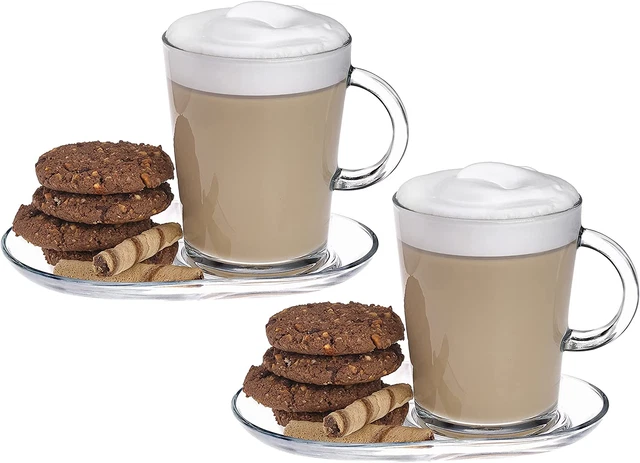 Coffee Mugs with Handles and Saucers Set Clear Glass 13.52 Oz Handle