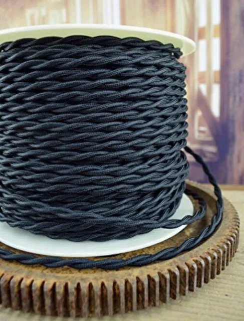 25 Ft Black Twisted 18/2 Antique Cotton Covered Cord -Cloth  Wire - UL Cert