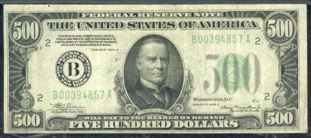 1934 $500 Federal Reserve Note Bill FRN FR-2202-B - Choice VF (Very Fine)