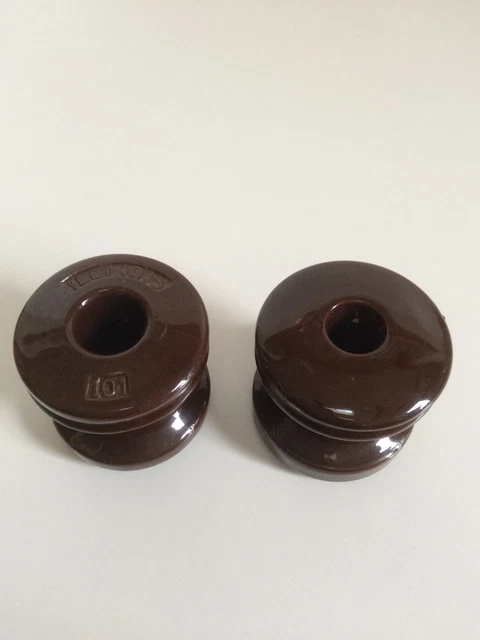 Vintage 2 Brown Glazed Ceramic Spool Insulator Illinois 101 Electric Power Pole