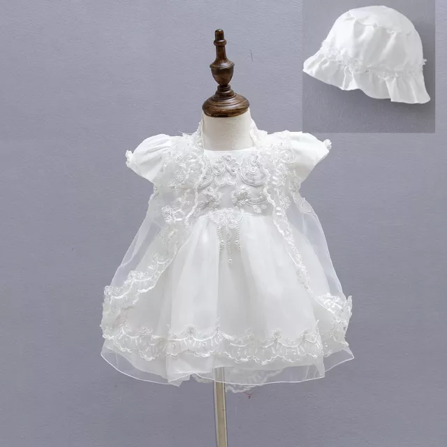 Spitze Taufkleid Kleinkinder Perlenstickerei Taufkleid mit Umhang Haube