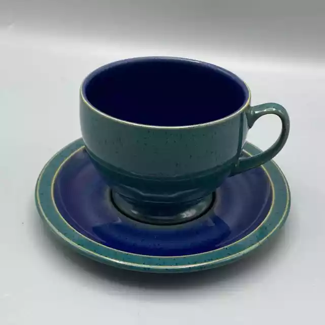 Denby Harlequin Large Breakfast Cup and Saucer Blue Green Made in England