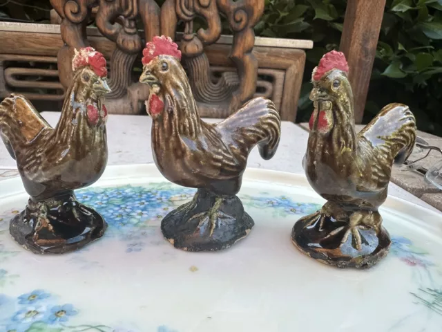 Group Of THREE Antique Chinese Export Famille Rose Rooster Porcelain Figurine