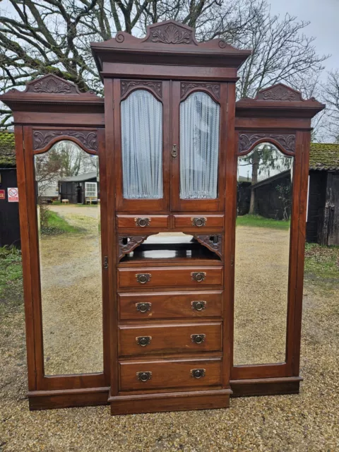 Victorian Carved Mahogany Breakfront Triple Wardrobe Compactum