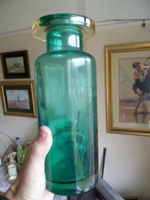 Hand Blown Heavy Green Glass Bottle Vase Studio Glass Art Glass ApocatharyType
