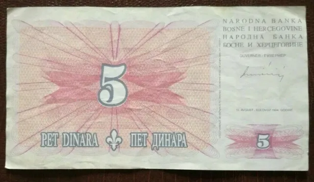 Bosnia 1994, 5 Dinara - Banconota carta di guerra