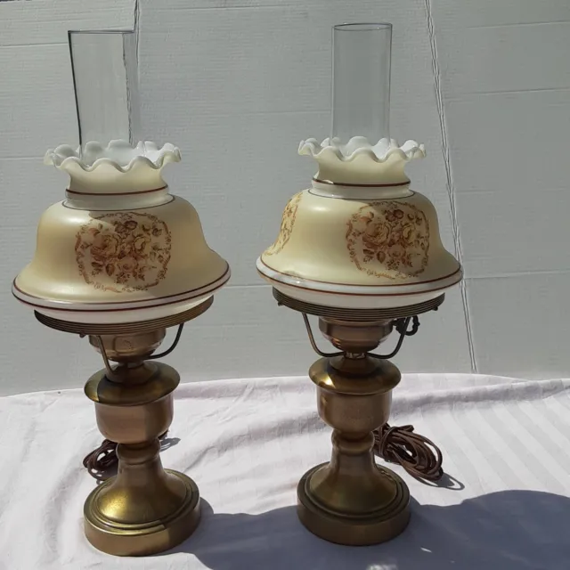 Vintage Pair Of Hurricane Parlor Table Top Lamps W/ Brass Base Beige Milk Glass