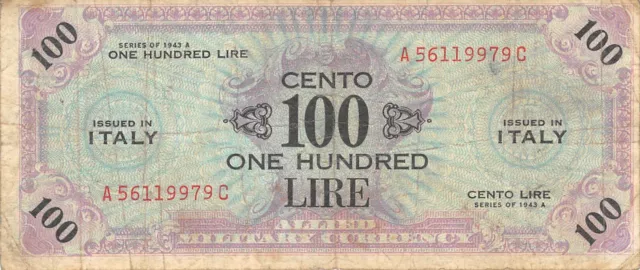 Italy  100  Lire  Series  1943 A  Block  A-C  WW II  Circulated Banknote XXII