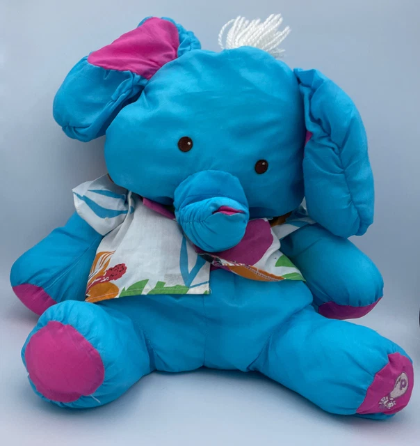 Vintage 1987 Fisher Price Puffalump Blue Elephant Hawaiian Shirt Stuffed Plush