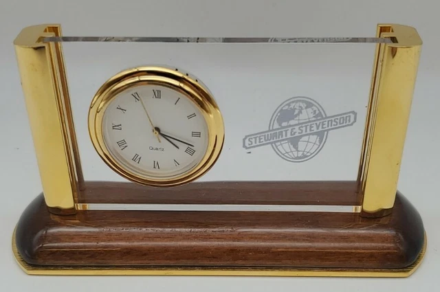 Stewart & Stevenson Desk Clock Brass Wood 5" L  x 2-1/2" T x 1-3/4" W
