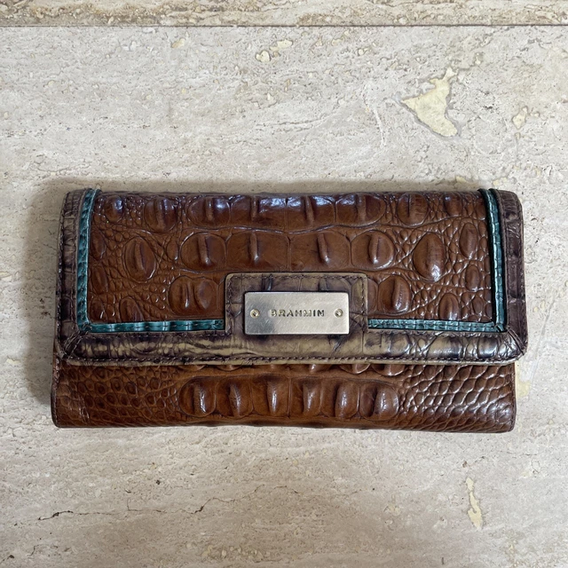 BRAHMIN Brown Tri-Fold Croc Embossed Authentic Leather Wallet